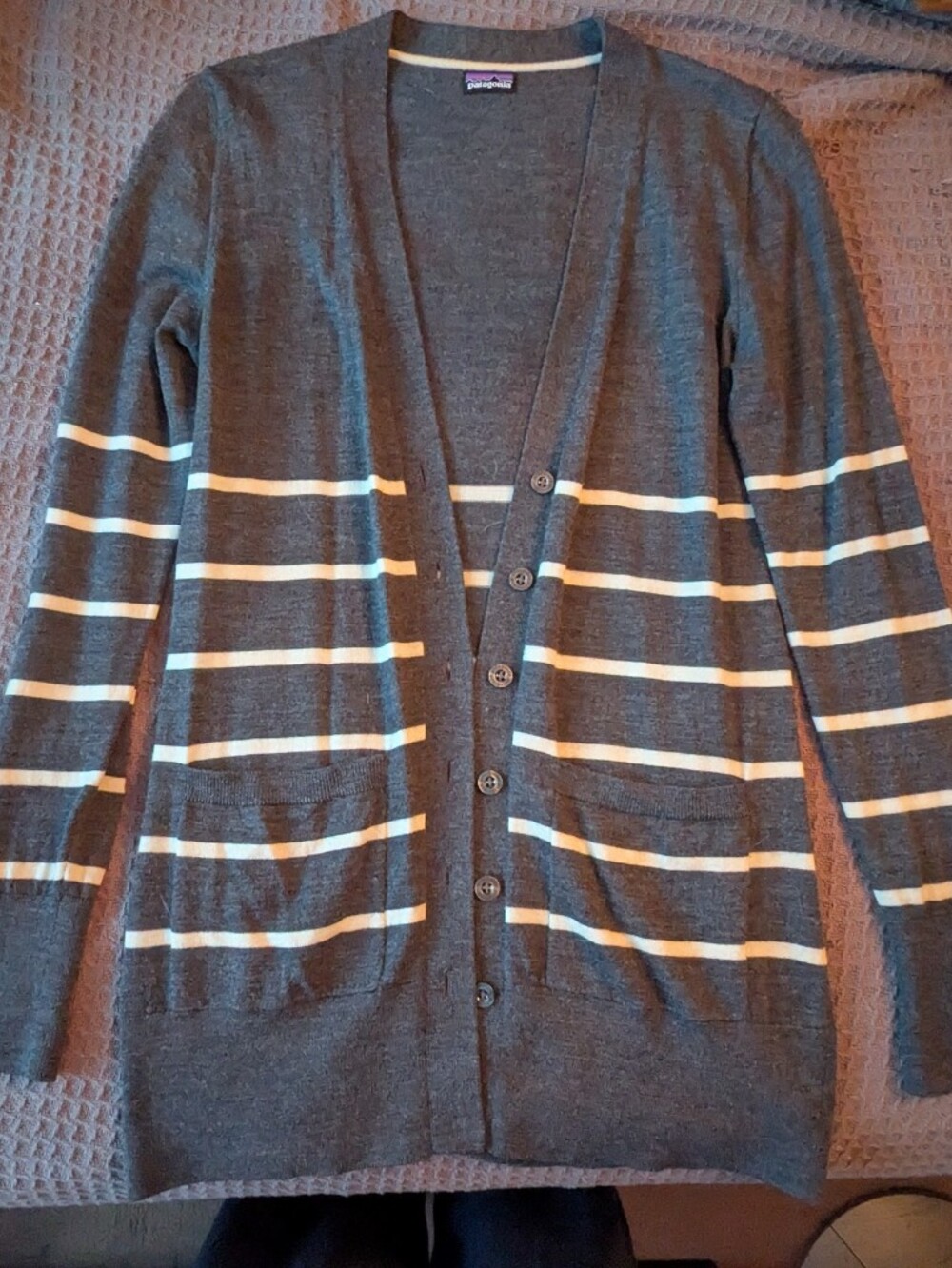 Grey And Cream Striped Patagonia Six Button Merino Wool Cardigan